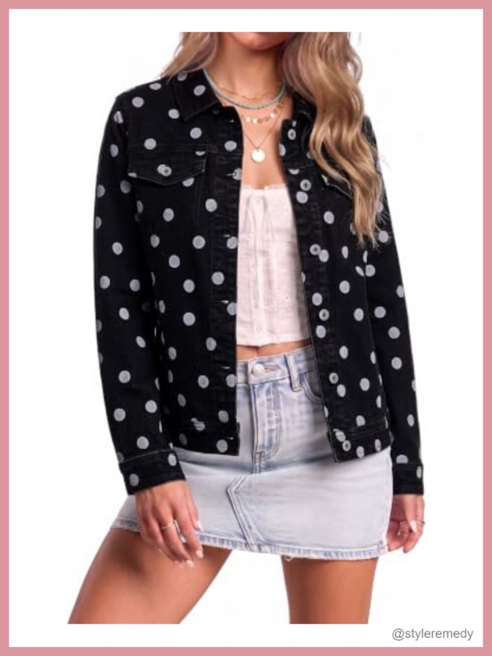 Women's Polka Dot Stretch Denim Jacket with Pockets Casual Trucker Style with